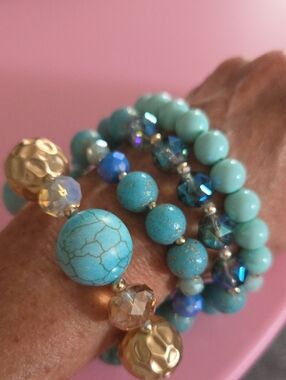 Turquoise & Gold Multi-Strand Beaded Stretch Bracelet - Women Jewelry